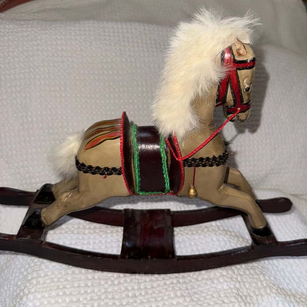 Vintage Hand-Painted Wooden Rocking Horse Toy with Fur Mane and Tail